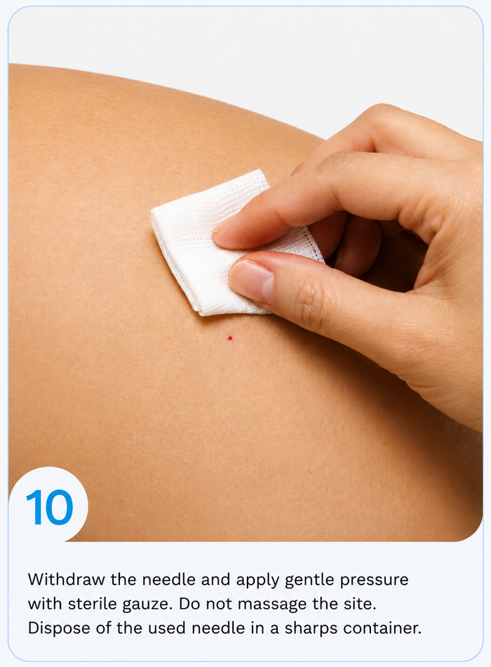 Step 10 — withdraw the needle and dispose of it safely