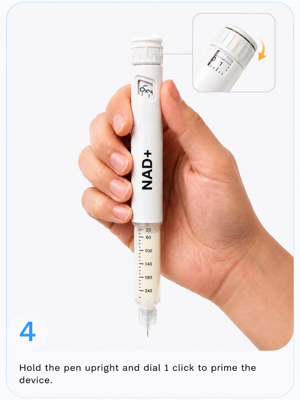 Step 4 — hold the pen upright and dial one click to prime